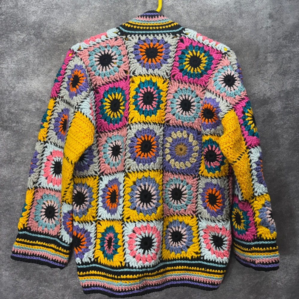 Handmade Crochet Granny Square Open Cardigan Sweater Rainbow Sunburst Size L - Picture 3 of 9